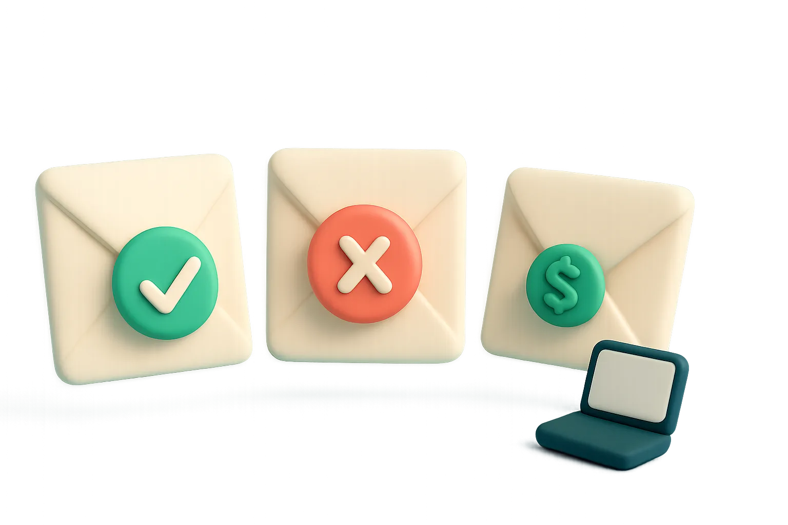 Three envelopes — one approved, one cancelled, one refunded — represent the three actions you can take on any subscription.